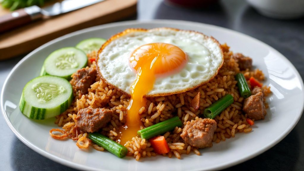 Nasi goreng kambing berwarna cokelat pekat dengan potongan daging besar dan emping